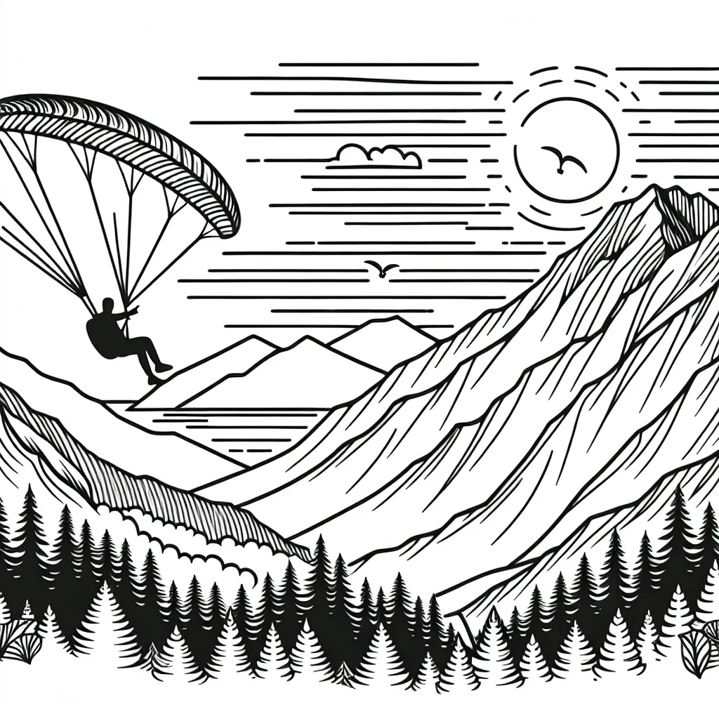 Un athlète en plein vol lors d'un saut en parapente au-dessus de montagnes pointues bordées de forêts, avec un soleil levant en arrière-plan.