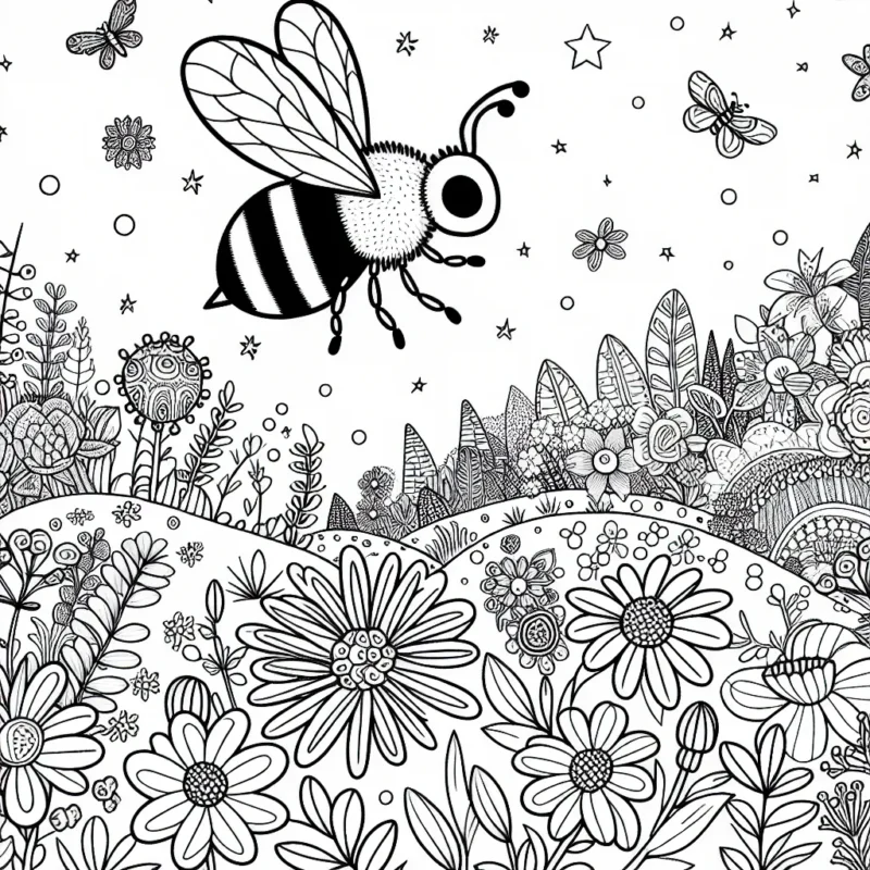 Une abeille d'or survolant un paysage enchanteur, recouvert d'une multitudes de fleurs exotiques