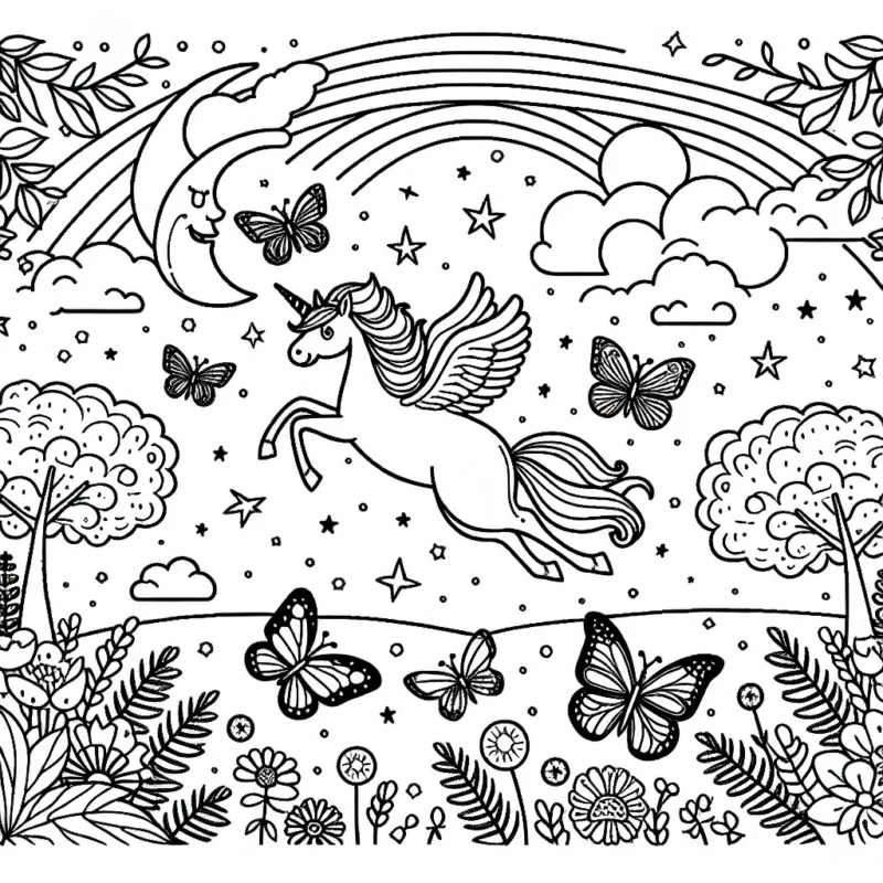 Imagine un monde fantastique où des licornes volantes jouent avec des papillons arc-en-ciel dans un jardin enchanté, tout cela sous un ciel plein d'étoiles scintillantes et une grande lune.