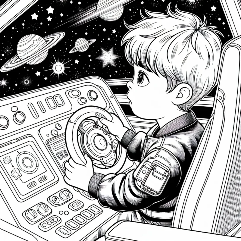 Un petit garçon courageux et aventureux est en train de piloter son vaisseau spatial ultra moderne à travers la galaxie, cherchant de nouvelles planètes à découvrir.