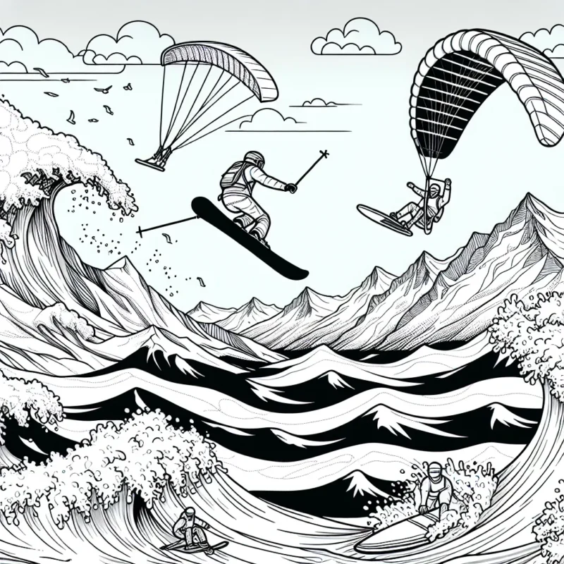Sur une haute montagne, un skieur effectue une figure aérienne perturbante pendant que deux surfeurs dévalent les vagues tumultueuses et un parapentiste virevolte dans le ciel juste au-dessus. Dessinez cette scène pleine d'adrénaline et mettez de la couleur dans chaque détail pour la rendre encore plus vivante !