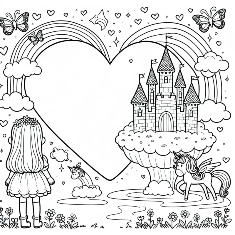 Une petite princesse debout à côté d'un grand château en forme de coeur sur un îlot flottant magique, entouré de licornes ailées et de papillons arc-en-ciel.