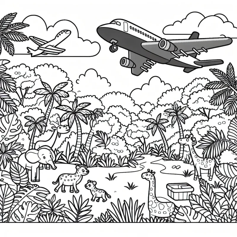 Un avion survole une jungle dense et peuplée d'animaux exotiques.
