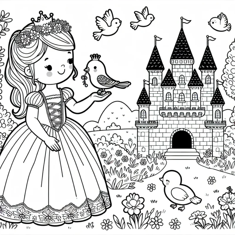 Un magnifique château de princesse entouré de jardins fleuris où de nombreux animaux vivent en harmonie. La princesse de ce royaume, vêtue de sa plus belle robe, est en train de nourrir un petit oiseau dans sa main.