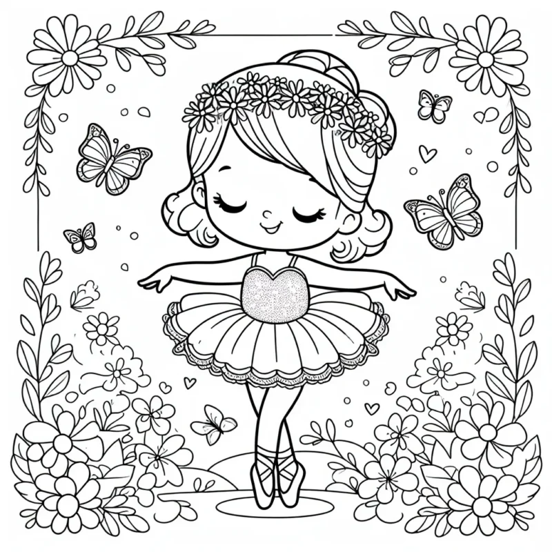Une petite ballerine danse gracieusement dans un magnifique jardin fleuri, entourée de papillons colorés. Elle porte un tutu scintillant et de jolis petits chaussons de danse.