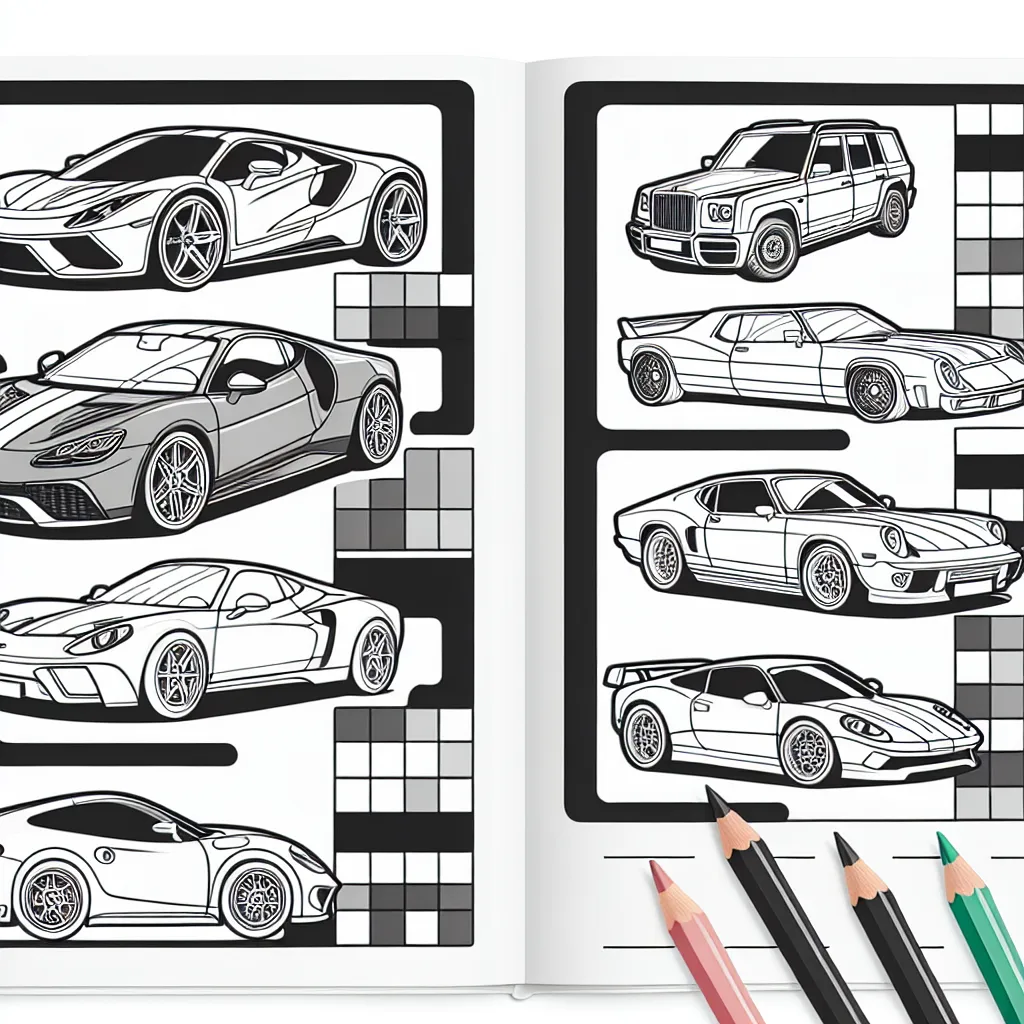 Dessine des voitures par marque, incluant des modèles de Mercedes, BMW, Audi et Porsche.