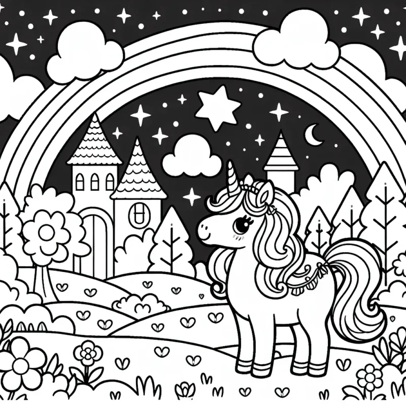 Un paysage magique de princesse avec une licorne près d'un arc-en-ciel