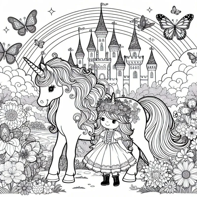 Une petite princesse et son majestueux cheval licorne dans un univers féerique rempli de papillons enchantés, de fleurs éclatantes et d'un magnifique château arc-en-ciel.
