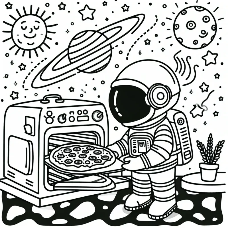 Un astronaute prend une pizza hors de son four spatiale, avec notre système solaire en arrière plan.