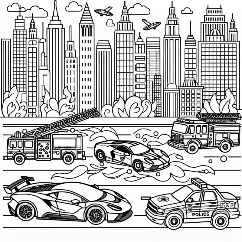 Colorier une course épique entre des voitures de sport, une voiture de police et un camion de pompiers dans une ville animée.