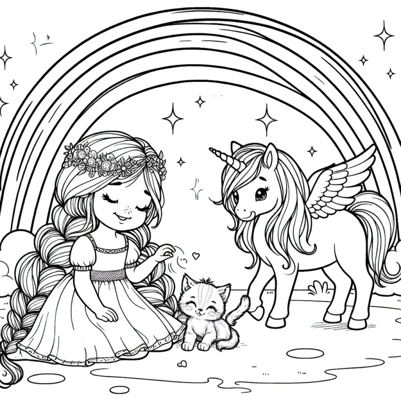 Une petite princesse aux longs cheveux tressés joue avec son chaton à côté d'une licorne ailée sous un arc-en-ciel magique