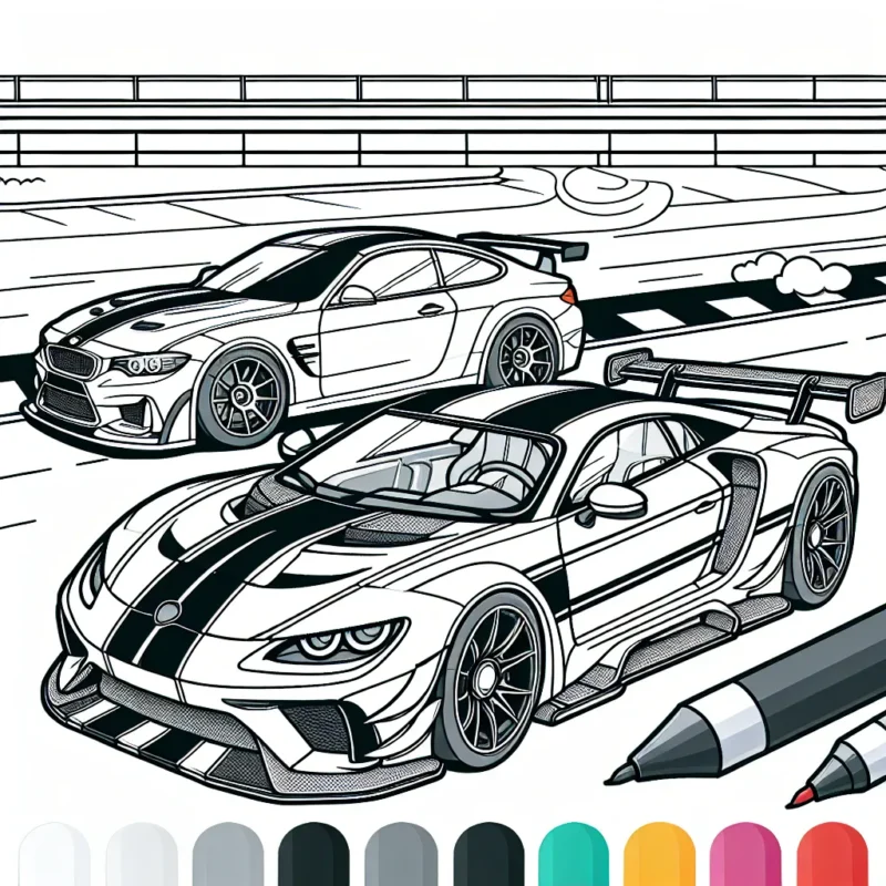 Dessine une Ferrari, une Mercedes et une Volkswagen dans un décor de course en utilisant tes couleurs préférées.