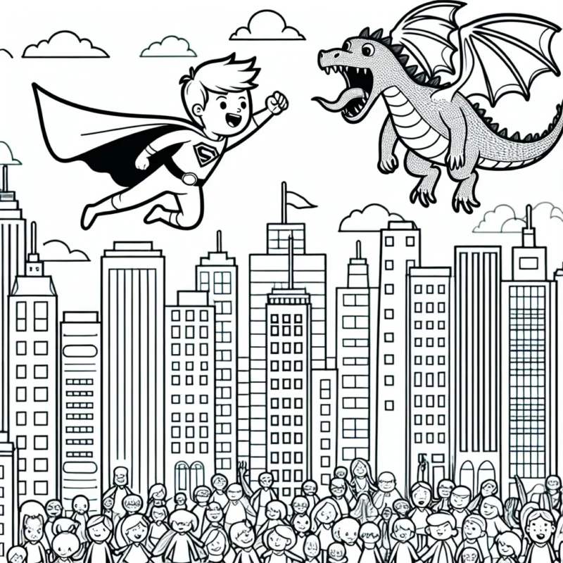 Dessine un jeune super-héros volant au-dessus de la ville, protégeant ses habitants contre le méchant dragon cracheur de feu.