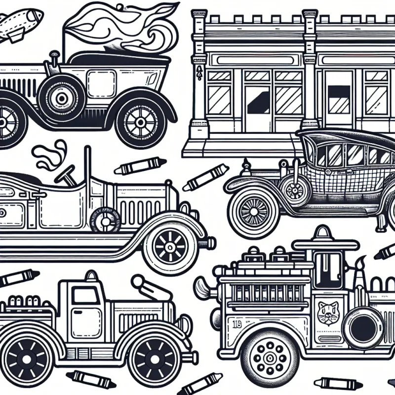 Un défilé de véhicules détaillés est présenté. Il y a différents types de voitures : une voiture de course, une voiture vintage, une voiture de police et une voiture de pompier. Toutes les voitures ont un espace blanc à remplir avec ta couleur préférée.