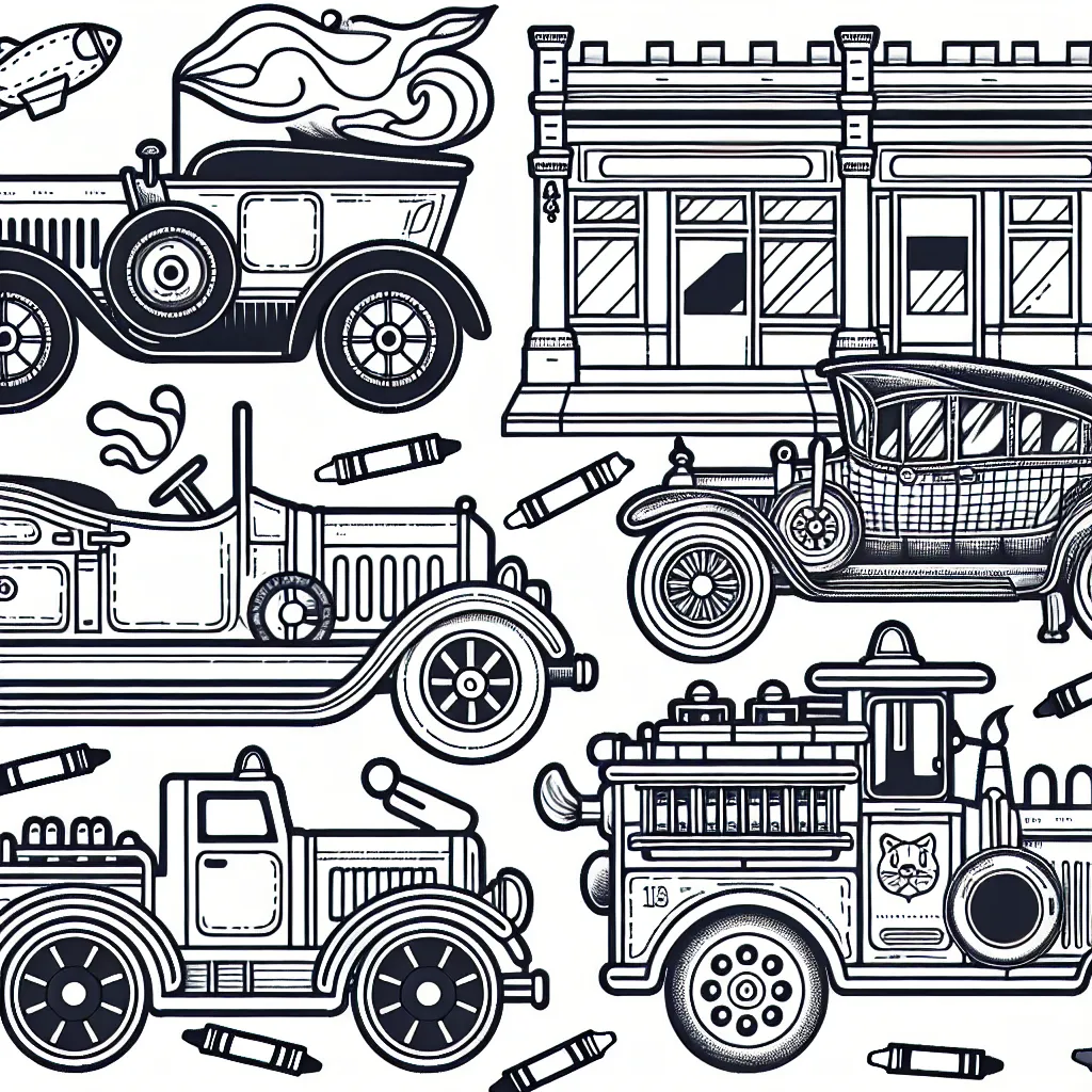 Un défilé de véhicules détaillés est présenté. Il y a différents types de voitures : une voiture de course, une voiture vintage, une voiture de police et une voiture de pompier. Toutes les voitures ont un espace blanc à remplir avec ta couleur préférée.