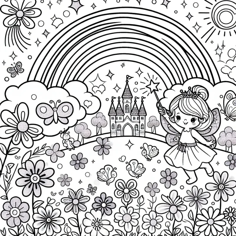 Un jardin féerique rempli de fleurs chatoyantes, avec un arc-en-ciel, une petite fille fée avec des ailes scintillantes tenant une baguette magique, un majestueux château de princesse au loin et divers animaux mignons comme des papillons, des lapins et des écureuils.