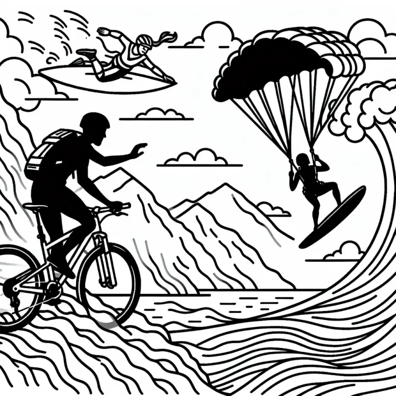 Dessine un vététiste descendant une montagne escarpée, un surfeur prenant une vague géante et un sauteur en parachute qui atterrit près de toi.