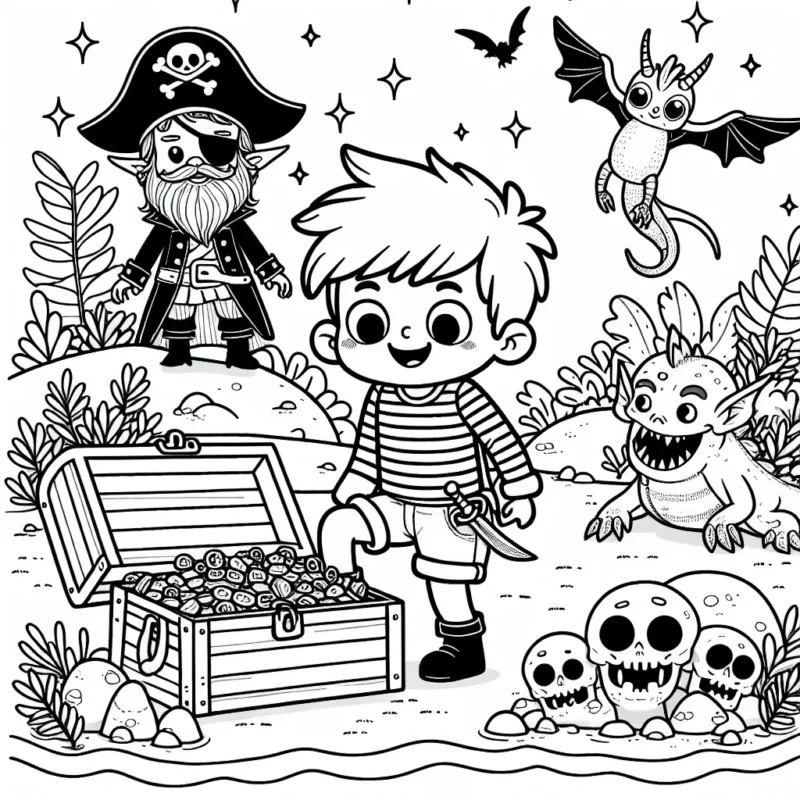 Un petit garçon découvre un trésor sur une île déserte, entouré de pirates brigands et de créatures magiques.