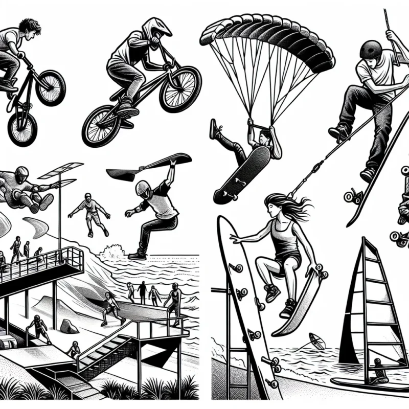 Un parc d'activités extrêmes comprenant des athlètes faisant du BMX, du skateboard, du parachutisme, de l'escalade et de la planche à voile.