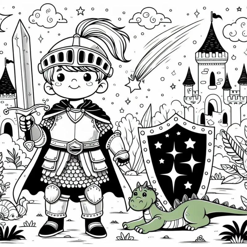 Un petit garçon courageux en tenue de chevalier se tient devant un château magique. Il est équipé d'une épée étincelante et d'un bouclier solide. Derrière lui, son fidèle dragon vert sommeille, et dans le ciel étoilé, une comète passe. Des créatures fantastiques et féeriques l'entourent.