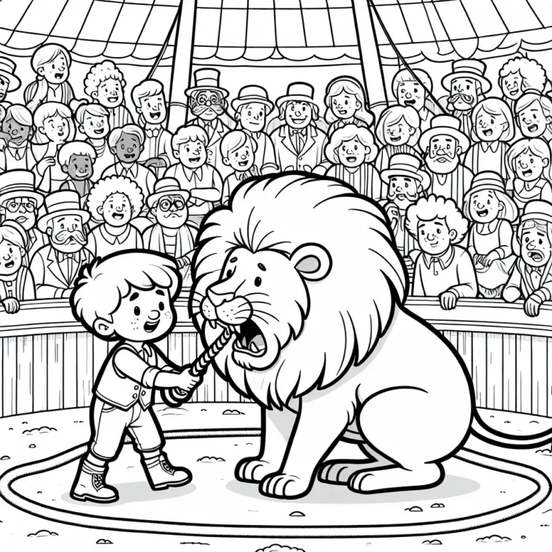 Sur la scène d'un cirque animé, un petit garçon courageux tente de dompter un lion féroce. De nombreux spectateurs sont assis autour du cercle et regardent avec émerveillement. Cherche à colorier la scène vibrante de vie et d'action.