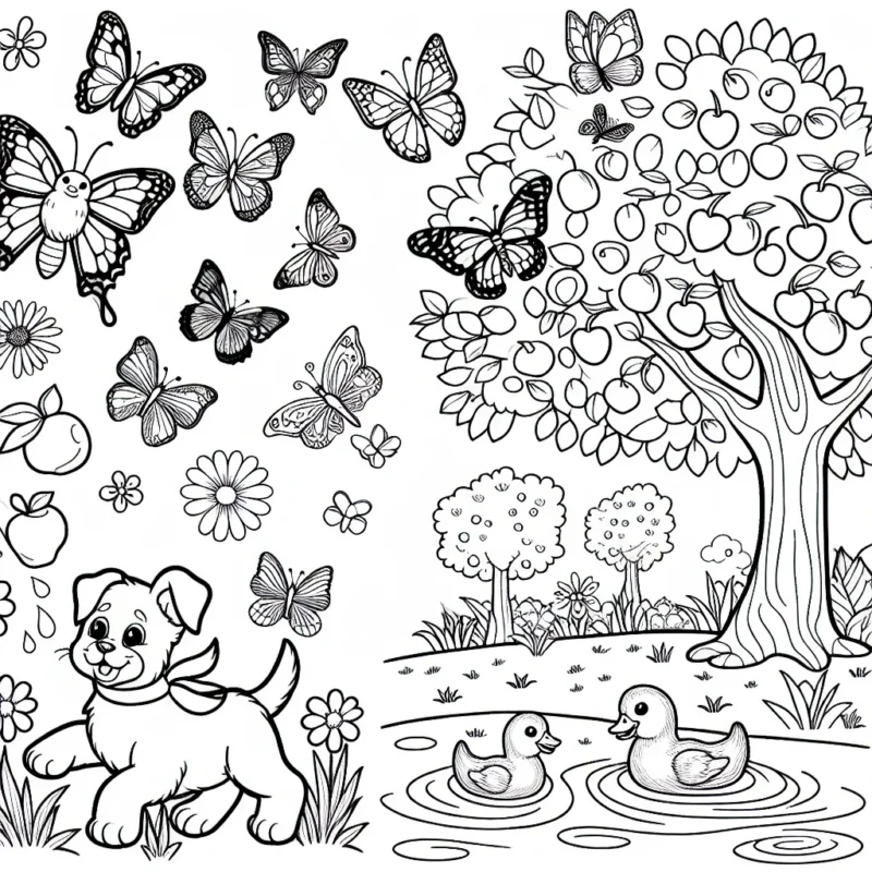 Imagine un grand jardin plein de papillons multicolores flottant dans l'air, un chiot joueur courant après une balle, un chaton curieux grimpant sur un arbre fruitier plein d'oiseaux et un lac avec des canards et des poissons colorés.