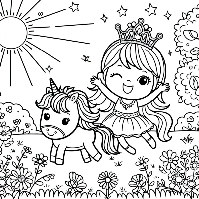 Une petite princesse avec sa couronne étincelante joue avec son poney dans un jardin fleuri sous le soleil radieux.