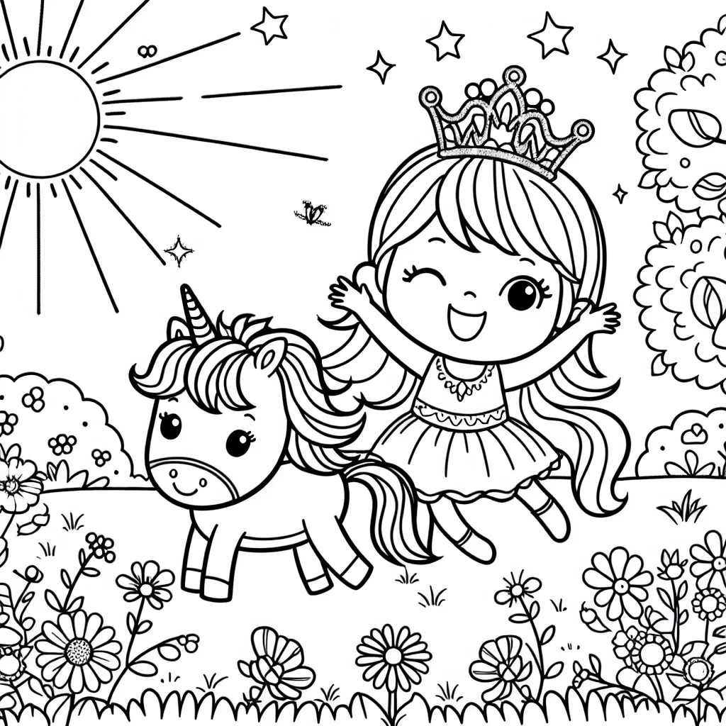 Une petite princesse avec sa couronne étincelante joue avec son poney dans un jardin fleuri sous le soleil radieux.