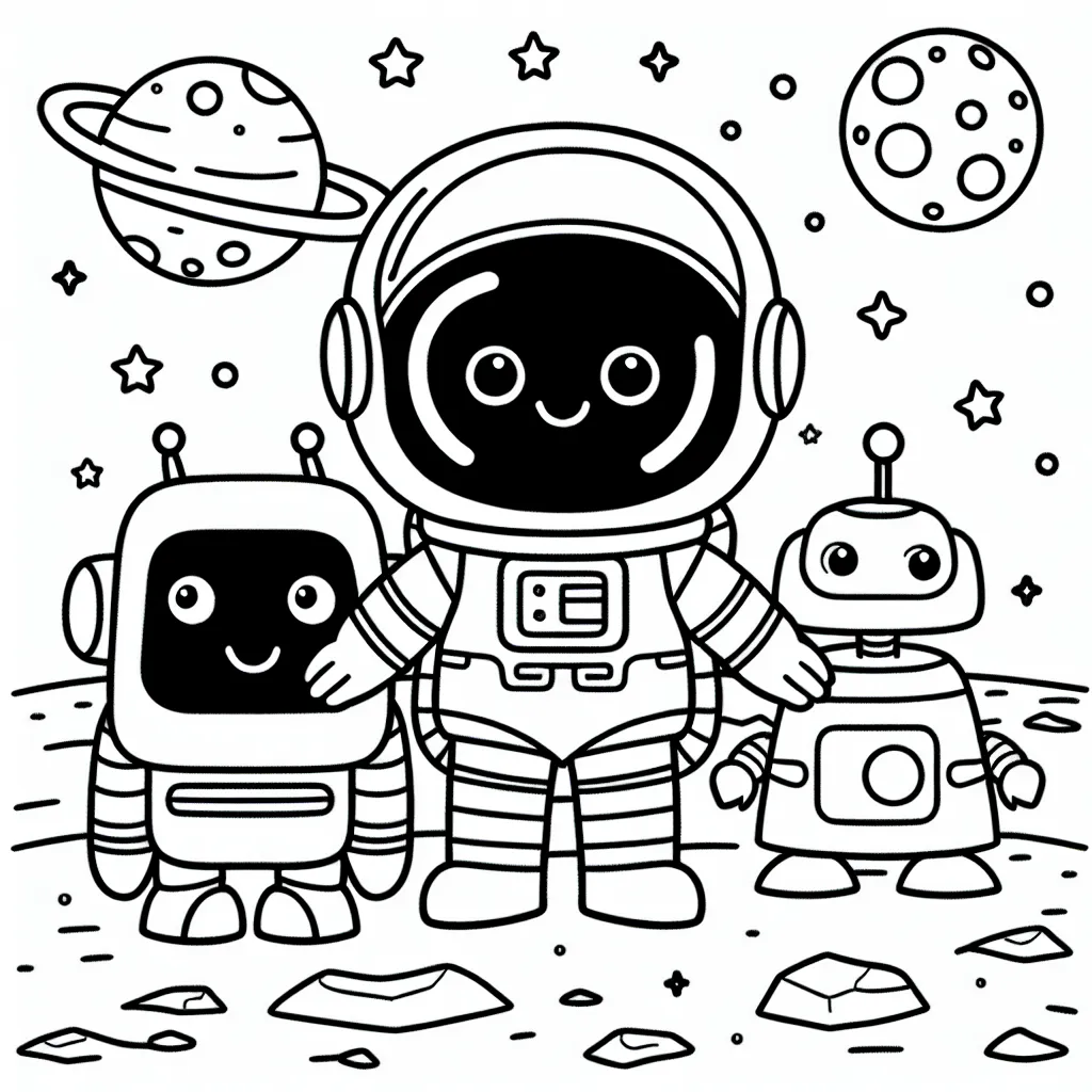 Dessine un astronaute avec son robot sur la lune