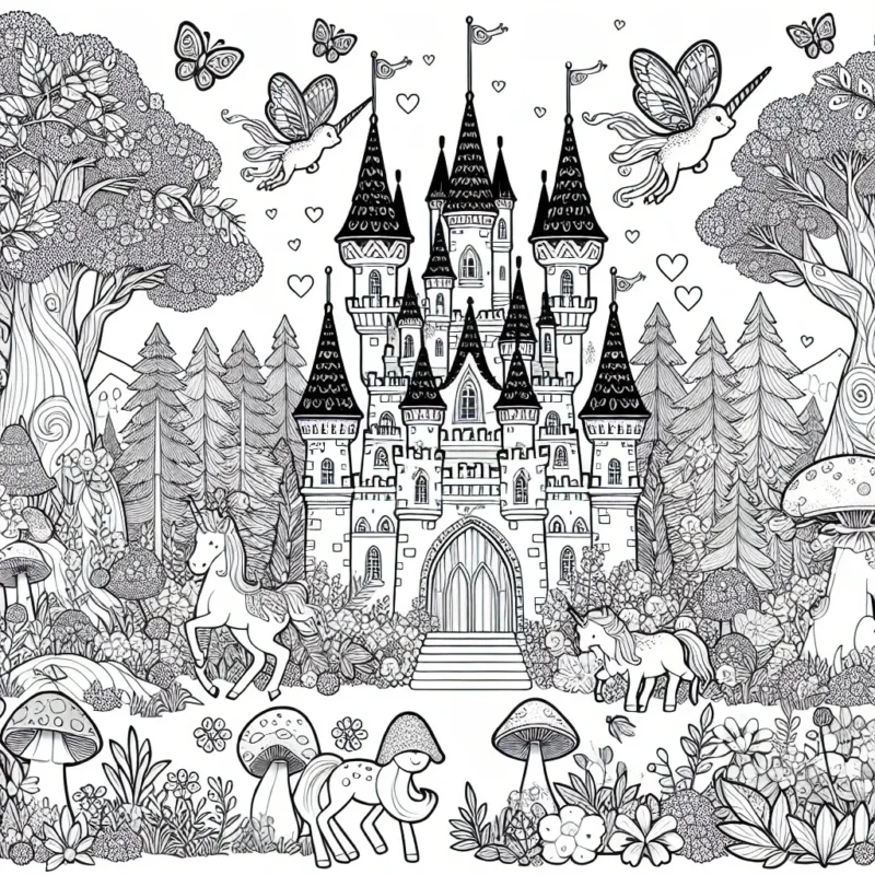 Un château fantastique au milieu d'une forêt enchantée avec des créatures merveilleuses