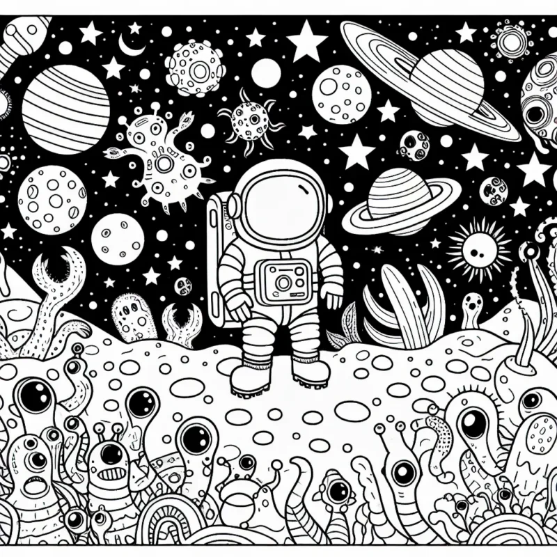 Un jeune astronaute explorant une planète inconnue avec de nombreuses créatures étranges autour de lui