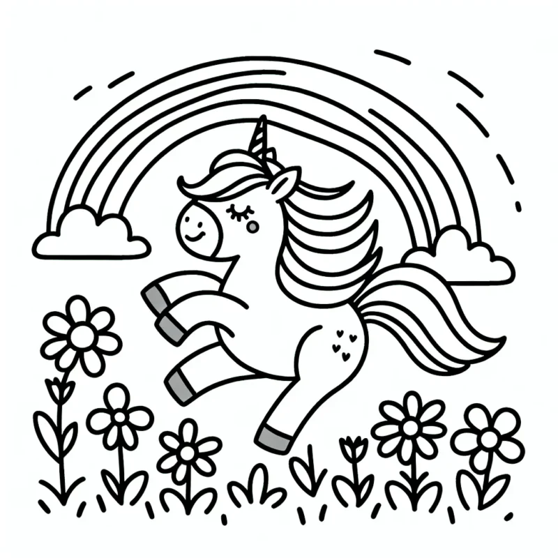 Dessine une licorne qui danse dans un champ de fleurs avec un arc-en-ciel en arrière-plan