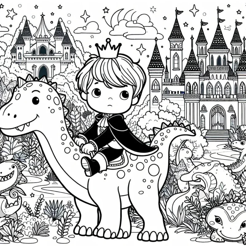 Un petit prince chevauchant un dinosaure dans un univers fantastique rempli de châteaux, de forêts magiques et de créatures mythiques à contours bien distincts, pour faciliter le coloriage.