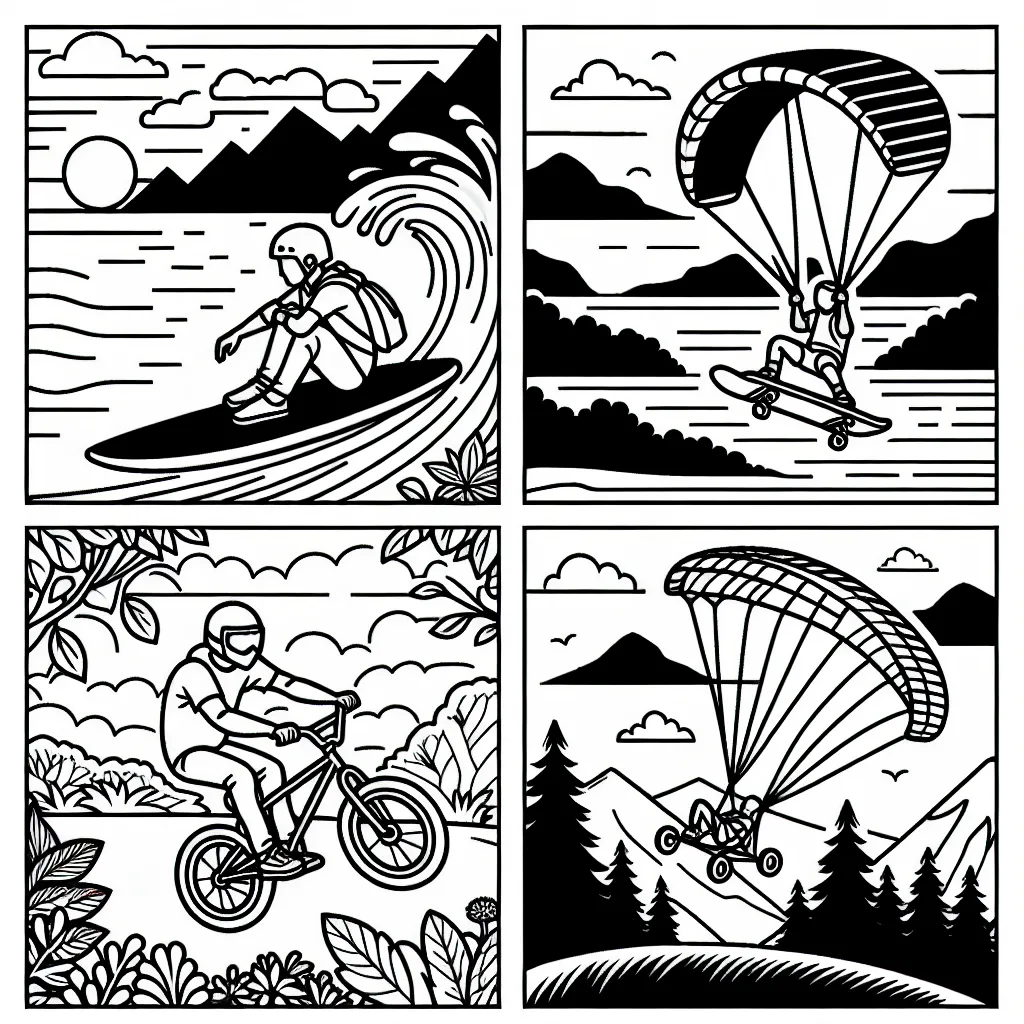 Dessine un surfeur, un skater échapper un BMX dans un parc, un parapentiste survolant une montagne et un skieur en action. Laisse libre cours à ta créativité pour colorer le paysage!