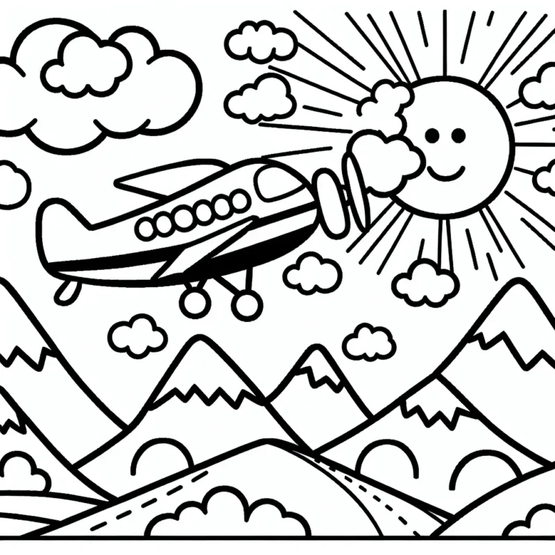 Un avion volant au-dessus des montagnes, avec des nuages dispersés et un soleil souriant qui regarde depuis le ciel.