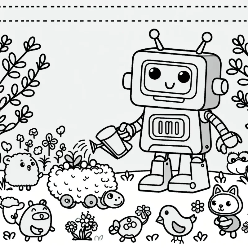 Un robot amical jardinant avec des animaux chipie