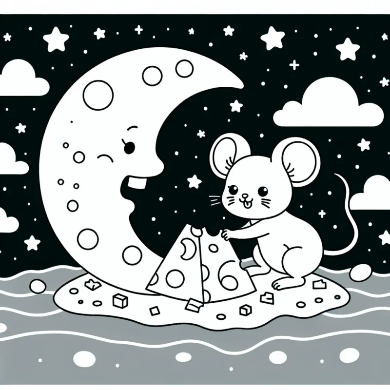 Une petite souris joue avec des miettes de fromage sur la lune.