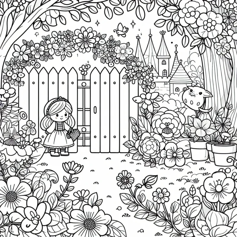 Une petite princesse joue dans un jardin secret rempli de jolies fleurs en tous genres