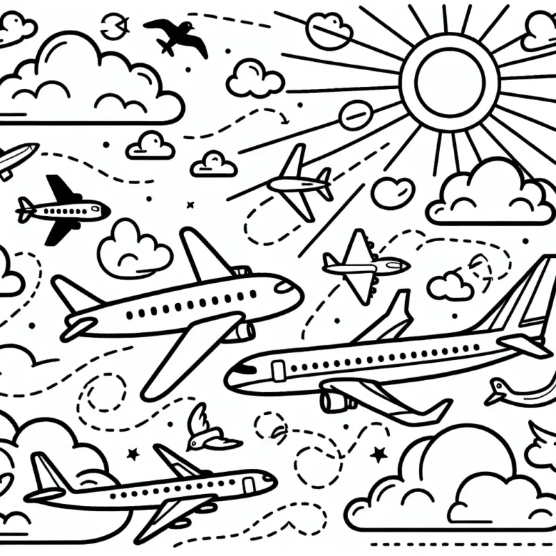 Crée un dessin avec plusieurs types d'avions volant dans le ciel, du plus petit avion de sport au grand avion de ligne. N'oublie pas d'inclure quelques nuages, oiseaux et le soleil.