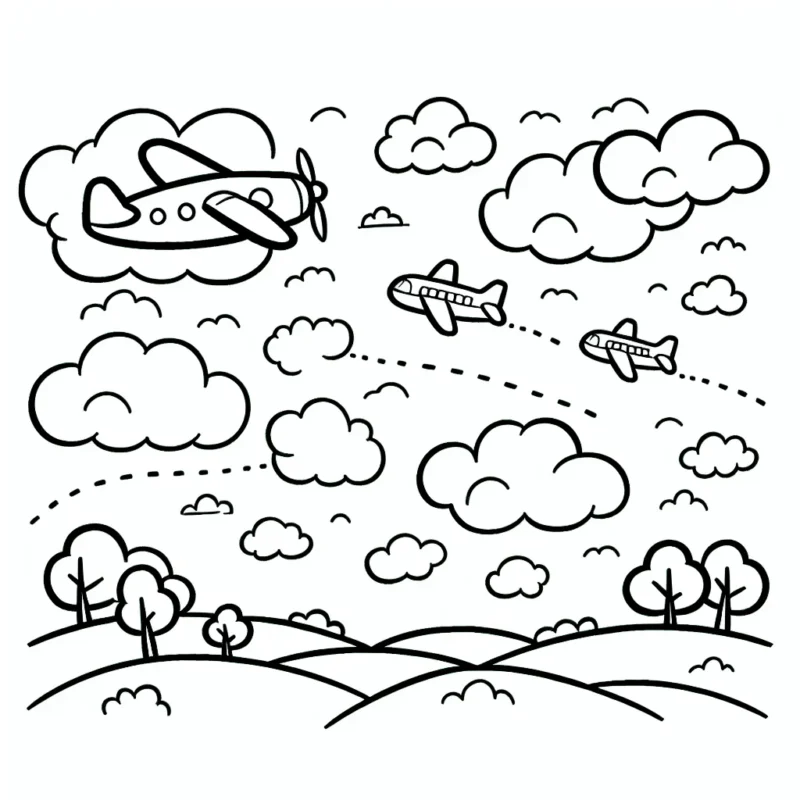 Dessine un tableau animé d'un assortiment d'avions zippant à travers un ciel parsemé de nuages.