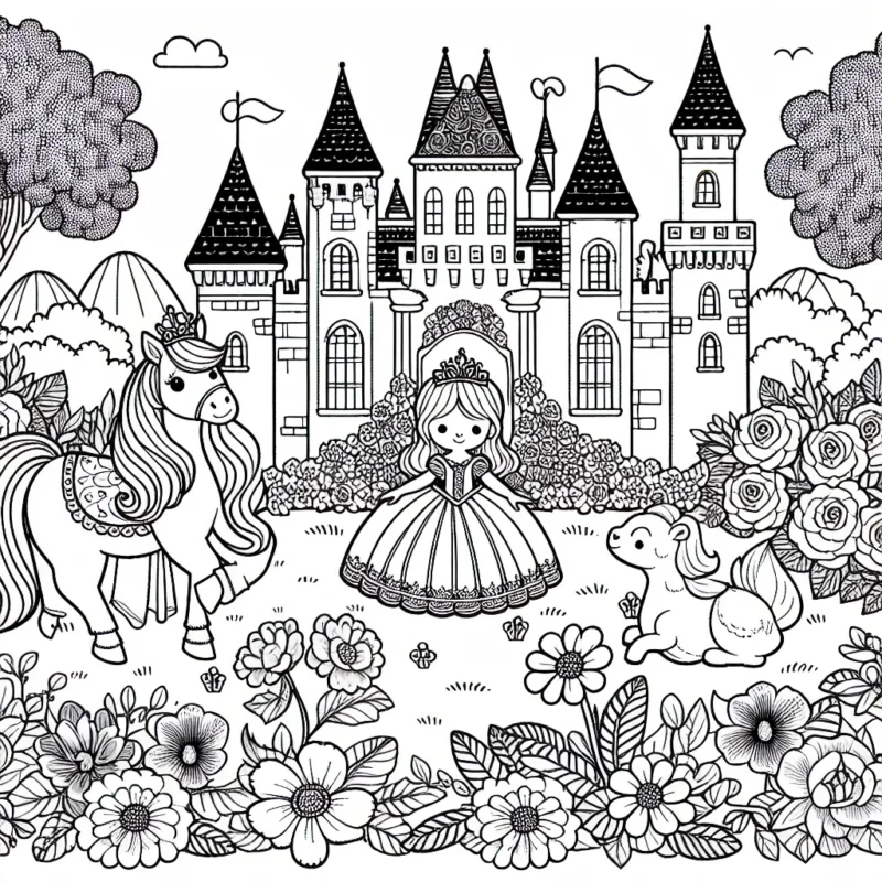 Dessinez une princesse dans son luxueux château, entourée de ses adorables amis animaux dans un magnifique jardin rempli de fleurs colorées.