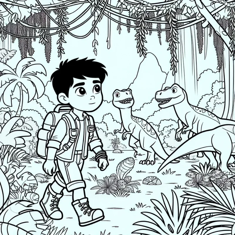Un petit garçon aventurier qui explore une jungle mystérieuse peuplée de dinosaures sympathiques et de plantes exotiques.