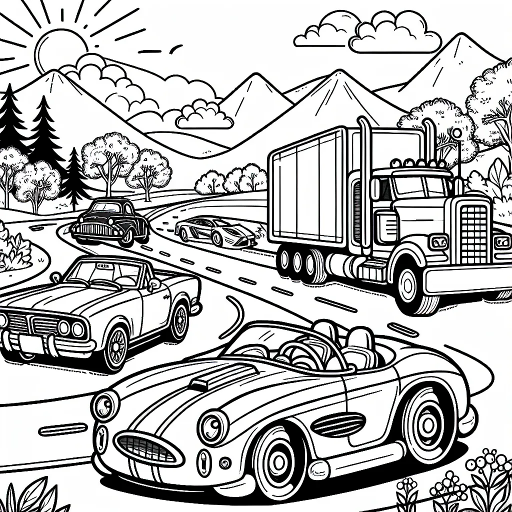 Un dessin de plusieurs voitures de différentes tailles et modèles sur une route ensoleillée, avec de beaux arbres et des montagnes à l'arrière-plan. Une voiture est une décapotable avec une famille, une autre est un gros camion, une autre est une voiture de sport très élégante et une autre est une voiture antique avec de gros phares. Sur la route, il y a aussi des panneaux de signalisation et des feux de circulation.