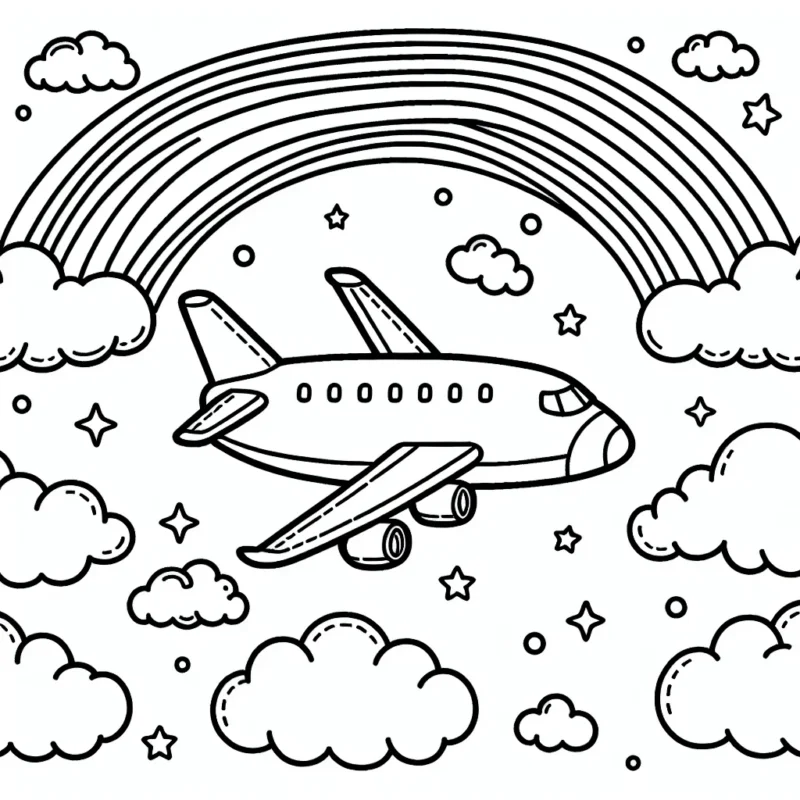 Dessin détaillé d'un avion de ligne en vol avec des nuages et un arc-en-ciel