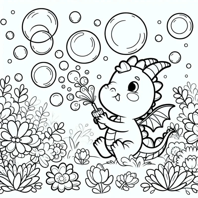 Un petit dragon qui souffle des bulles de savon magiques dans un jardin plein de fleurs colorées.