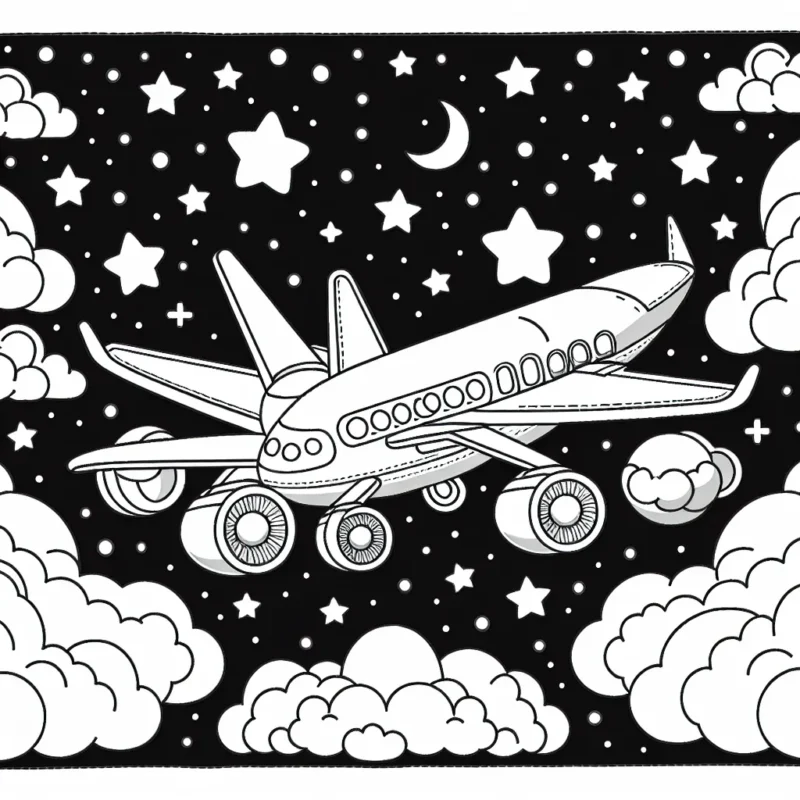 Imagine un avion volant parmi les nuages dans le ciel étoilé. L'avion a de grandes ailes avec des lumières clignotantes, une carlingue ronde et brillante et des réacteurs à l'arrière. Sur l'avion, il y a des fenêtres d'où les passagers peuvent regarder le paysage.