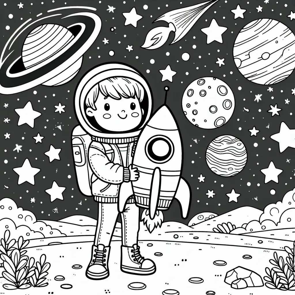Un petit garçon tient dans ses mains une gigantesque fusée spatiale prête pour le décollage. Autour de lui, le paysage est jonché d'étoiles et de planètes à explorer. Dessine et colore cet incroyable voyage dans l'espace !