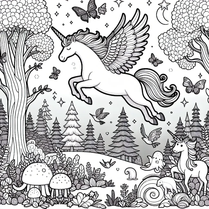 Le vol majestueux de la licorne au-dessus de la forêt enchantée peuplée par des créatures magiques.