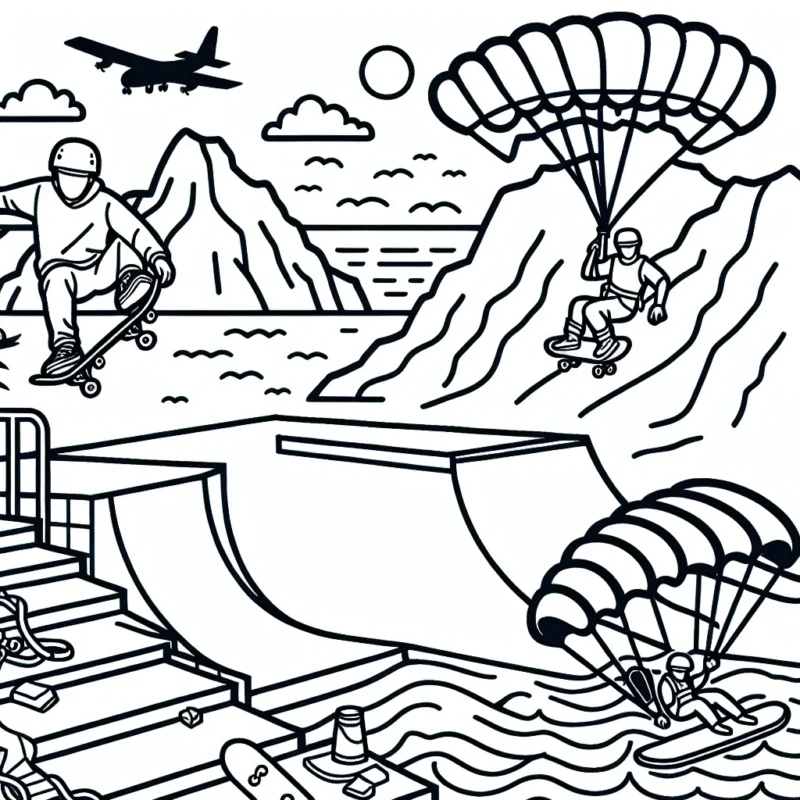 Dessin composé d'un skateur sautant dans un skatepark, d'un alpiniste escaladant une paroi rocheuse, d'un surfeur chevauchant une vague et d'un parachutiste qui descend du ciel.