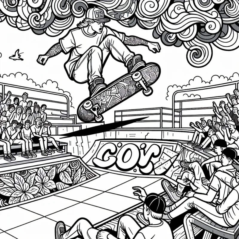 Imagine un scénario où un skateboarder audacieux effectue une cascade audacieuse dans un parc à skateboard. Il y a des graffitis colorés sur les murs du parc et plusieurs spectateurs assistent à cette performance avec émerveillement. Les détails des roues du skateboard, l'équipement de sécurité de l'athlète, les expressions du public et les graffitis doivent être amusants à colorier.